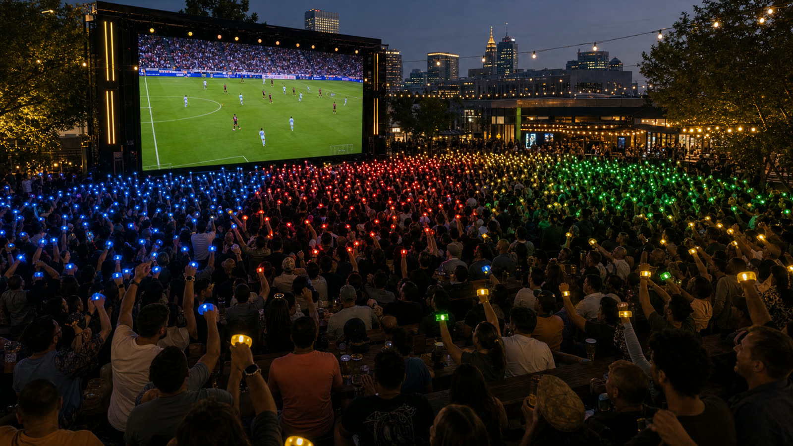 Outdoor fan zone crowd watching a live soccer match at night
