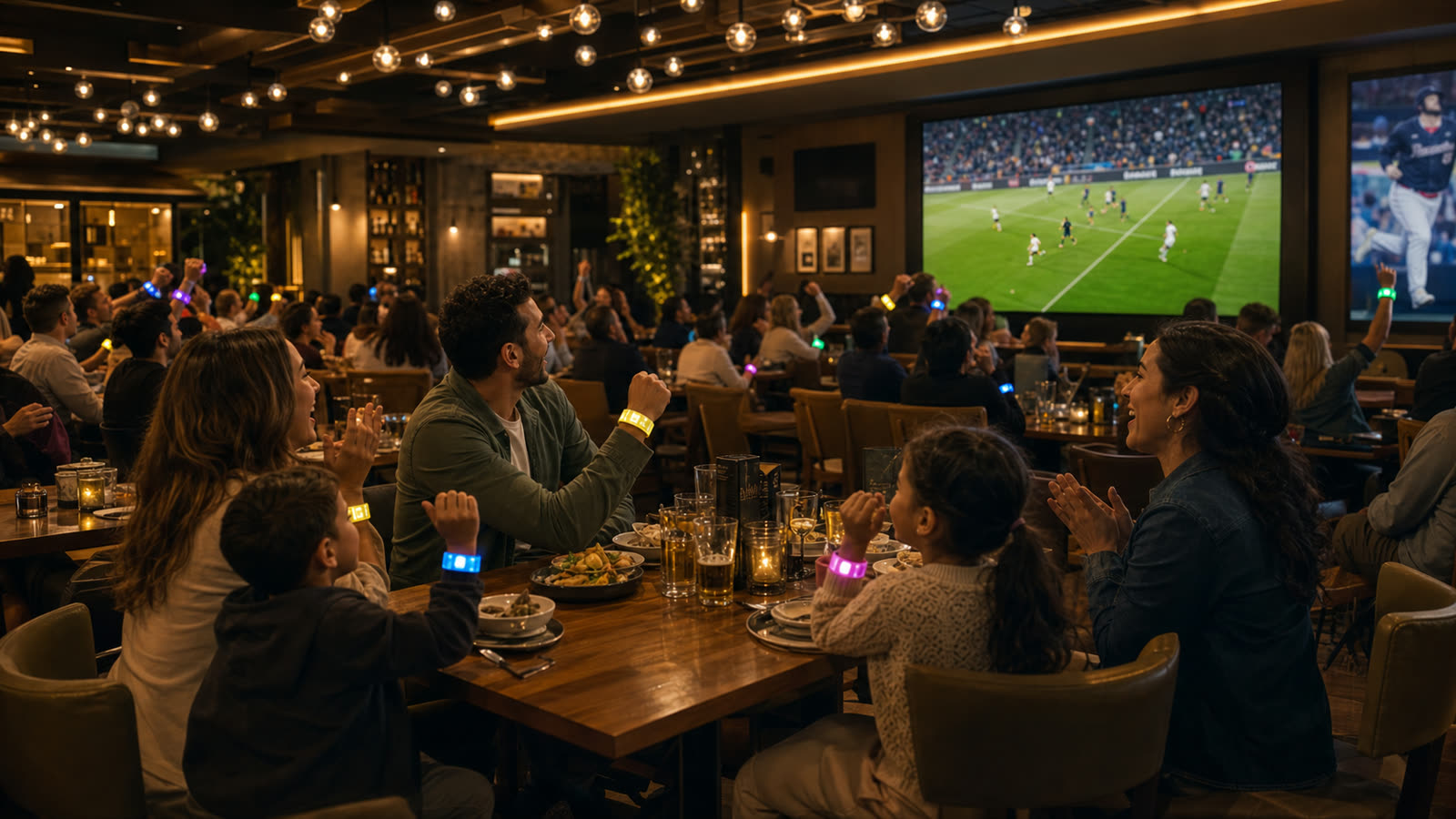 Restaurant guests reacting to a live match with colorful light moments