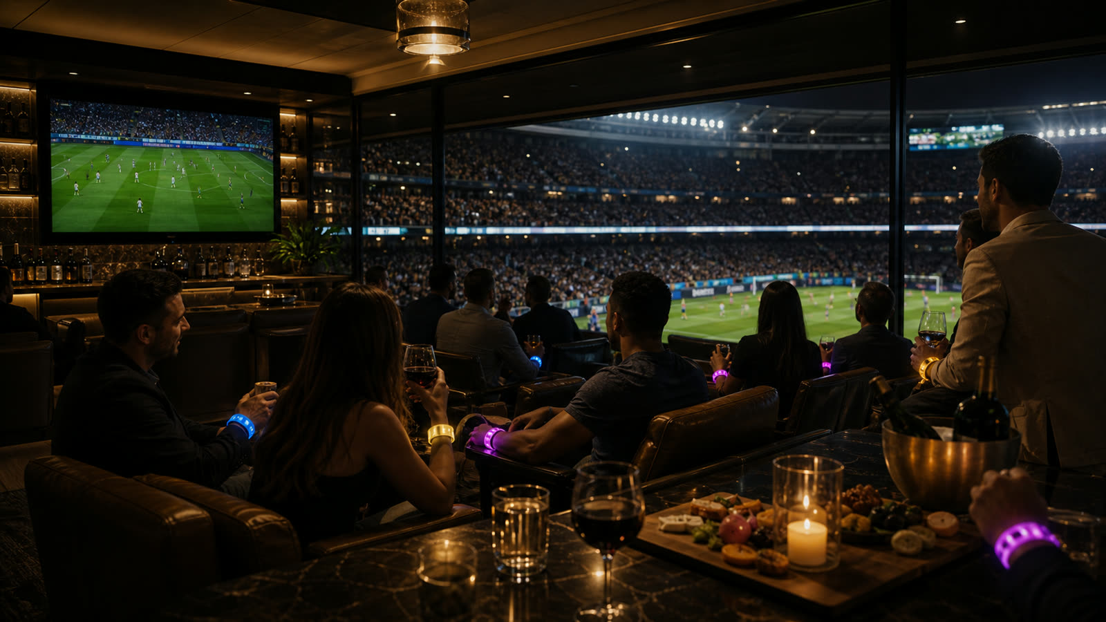 Premium stadium hospitality suite with guests watching a live match